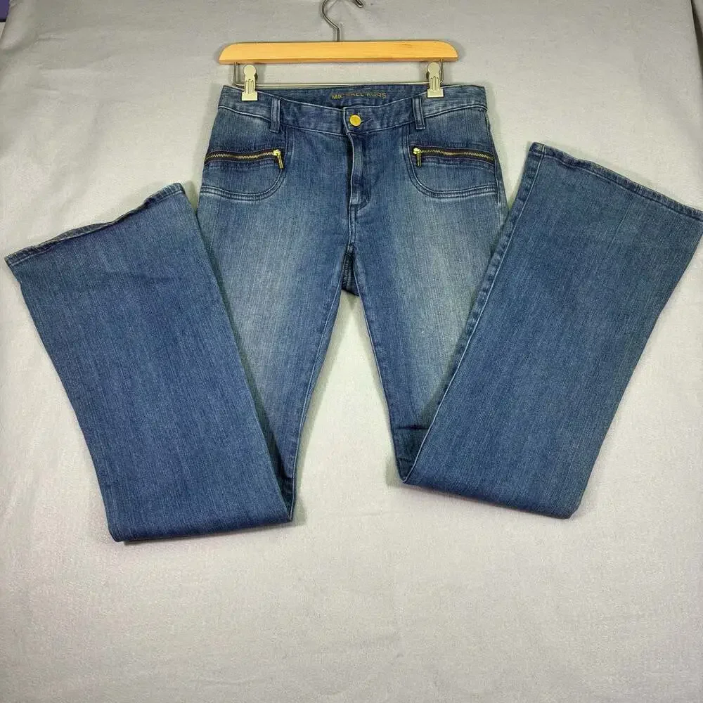 Michael Kors Women's Flare Denim Jeans with Gold Zipper Pockets Size 2
